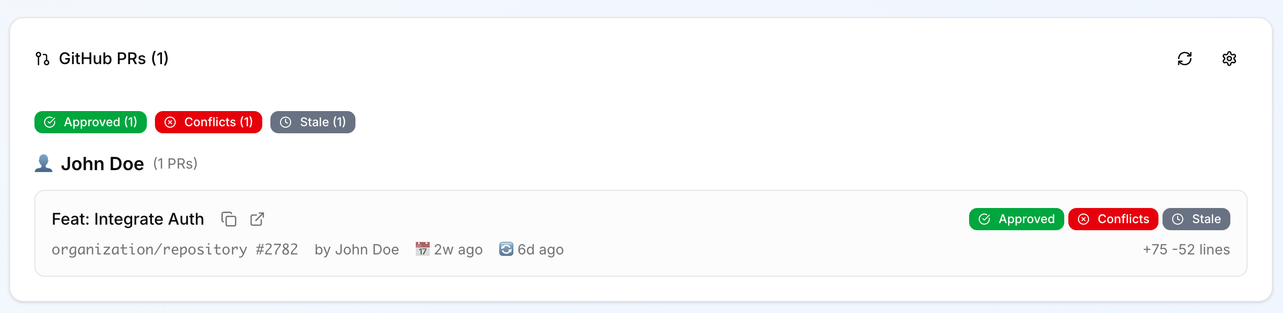 GitHub pull requests dashboard showing status, owner, and review state