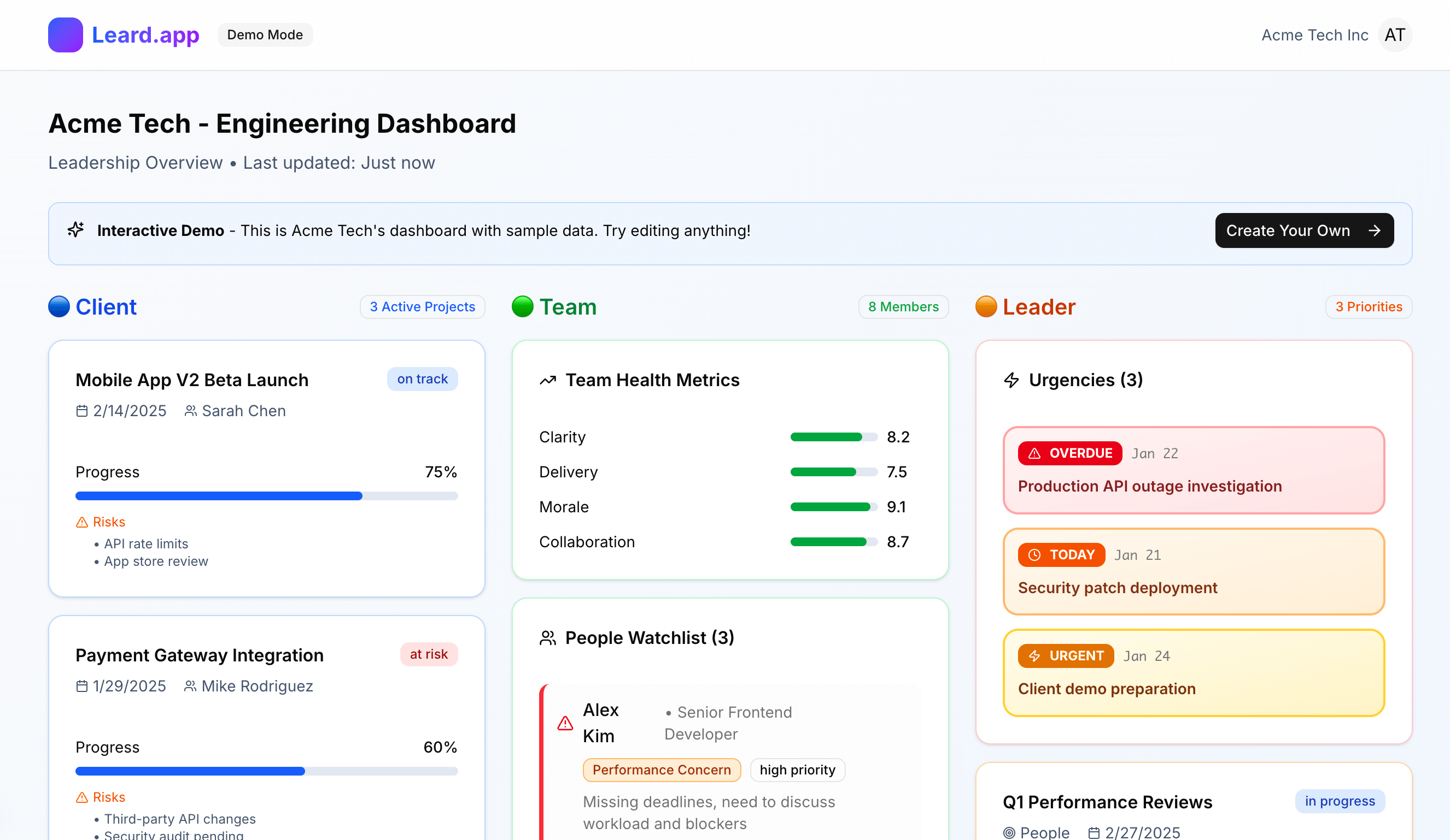 Leard.app dashboard showing Client milestones, Team health metrics, and Leadership priorities in three columns