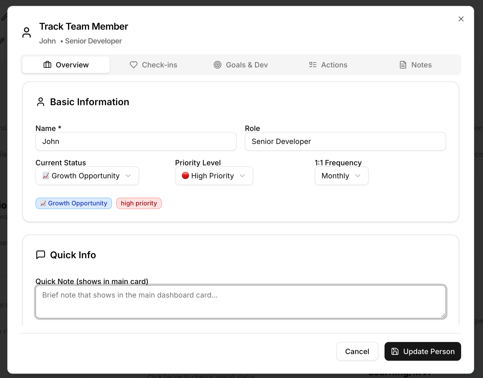 Team member cards showing role, status, and priority
